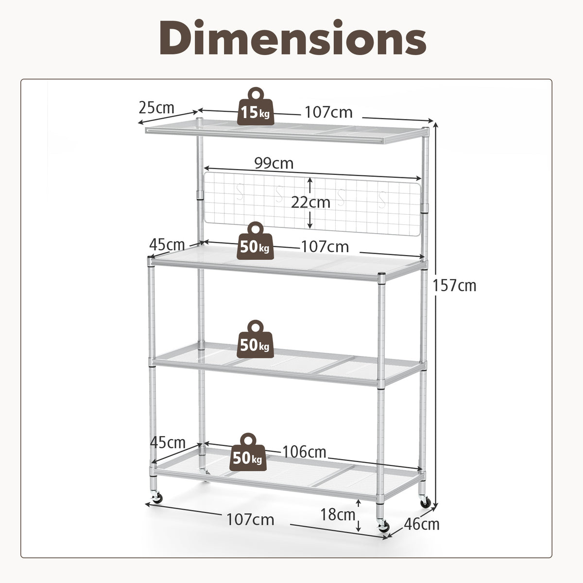 Bakers Rack on Wheels with Adjustable Shelves and Shelf Liner-Silver