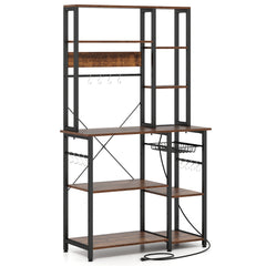 Bakers Rack with Power Outlet 9-Tier Microwave Stand with Wooden Open Shelves-Rustic Brown
