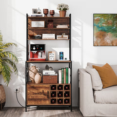 Bakers Rack with Power Outlet and Heavy-Duty Metal Frame-Reddish Brown