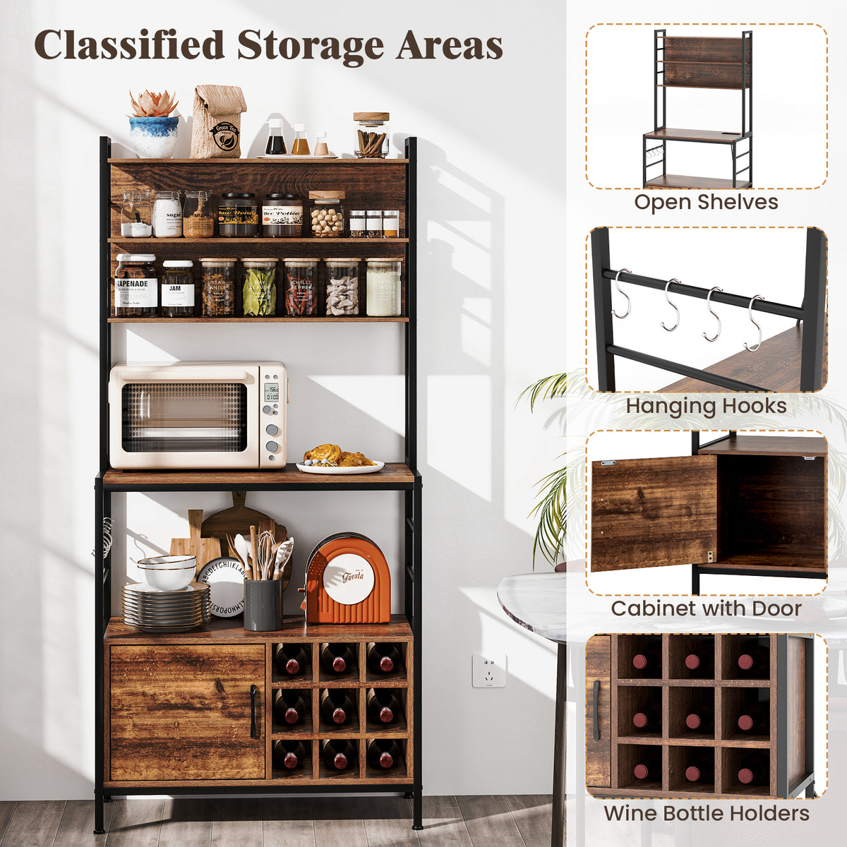 Bakers Rack with Power Outlet and Heavy-Duty Metal Frame-Reddish Brown