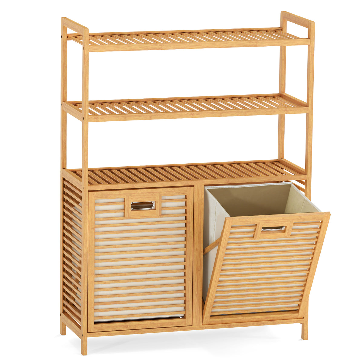 Bamboo Double Tilt Out Laundry Hamper with 3 ShelvesFreestanding Storage Cabinet-Natural