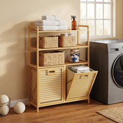 Bamboo Double Tilt Out Laundry Hamper with 3 ShelvesFreestanding Storage Cabinet-Natural