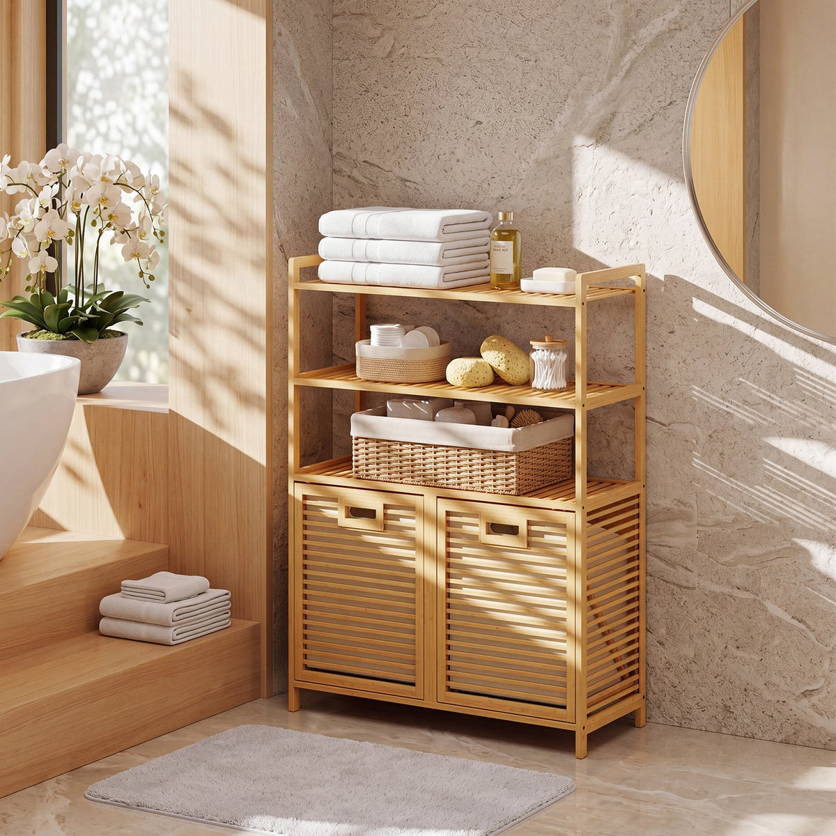 Bamboo Double Tilt Out Laundry Hamper with 3 ShelvesFreestanding Storage Cabinet-Natural