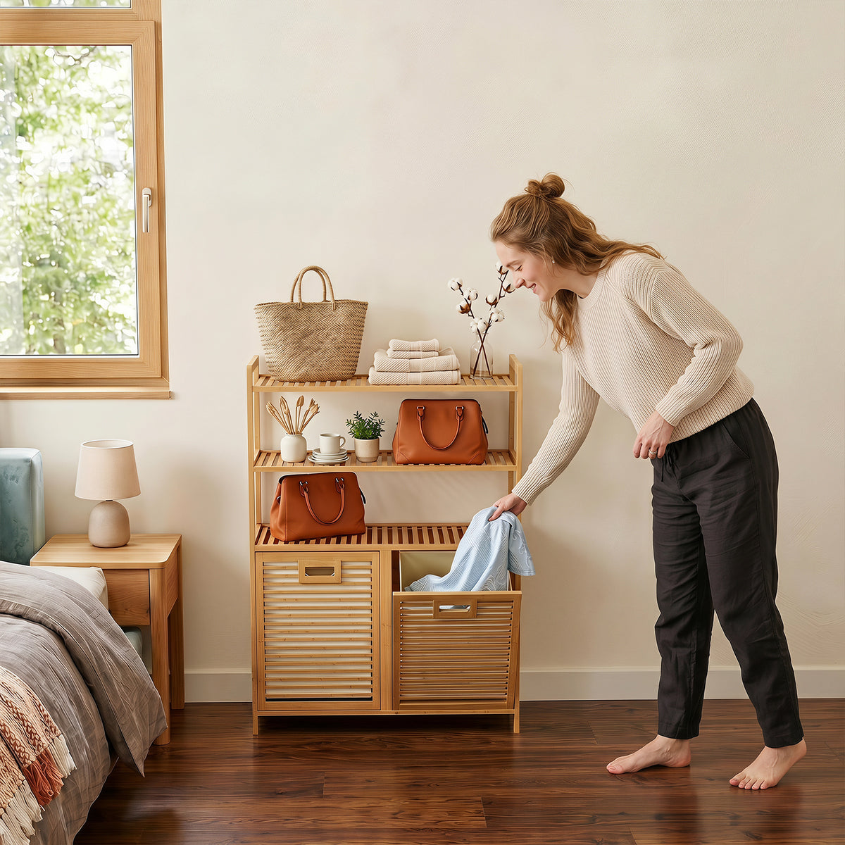 Bamboo Double Tilt Out Laundry Hamper with 3 ShelvesFreestanding Storage Cabinet-Natural