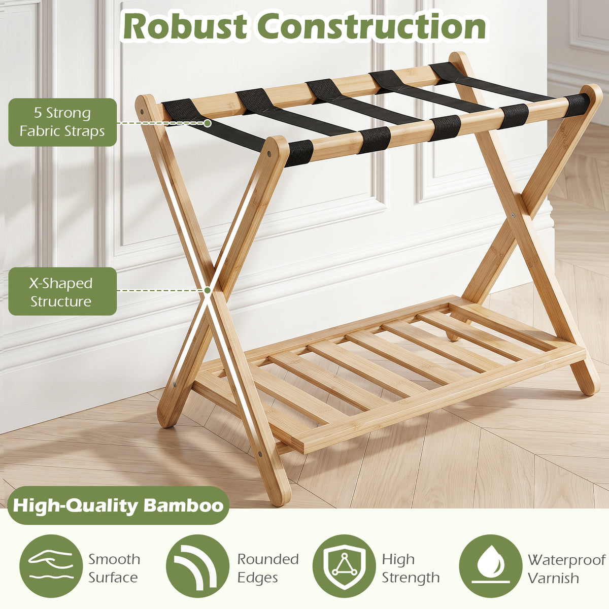 Bamboo Folding Luggage Rack with Straps and Storage Shelves for Guest Room-Natural