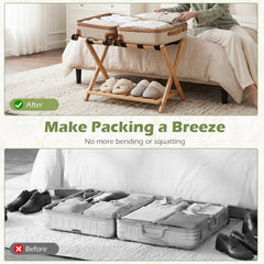Bamboo Folding Luggage Rack with Straps and Storage Shelves for Guest Room-Natural
