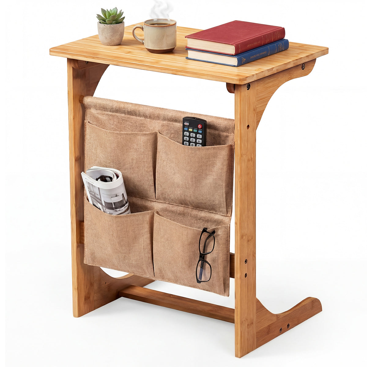 Bamboo Side Table C-Shaped Sofa End Table Laptop Desk-Natural
