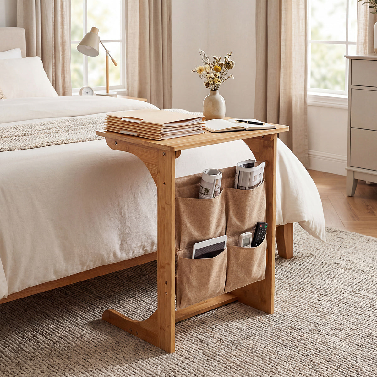 Bamboo Side Table C-Shaped Sofa End Table Laptop Desk-Natural