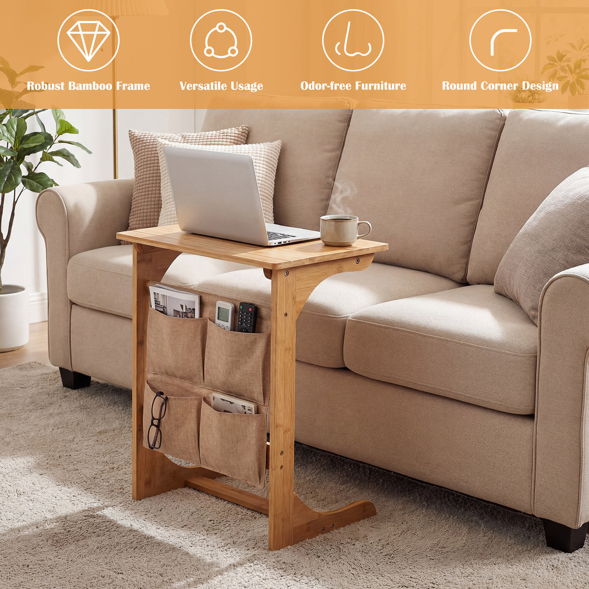 Bamboo Side Table C-Shaped Sofa End Table Laptop Desk-Natural