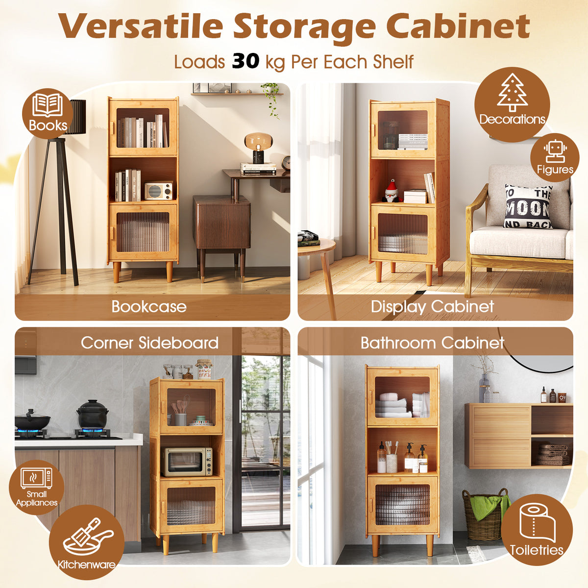 3-Cube Bamboo Cabinet with Open Compartment and 2 Acrylic Doors-Natural
