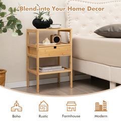 Multipurpose Bamboo Nightstand with Storage Drawer and Slatted Shelf-Natural