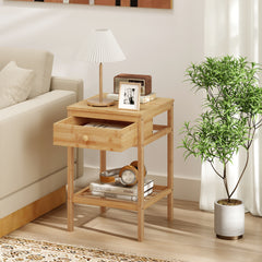 Bamboo Nightstand Set of 2 with Storage Drawer and Open Shelf-Natural-2 Pieces