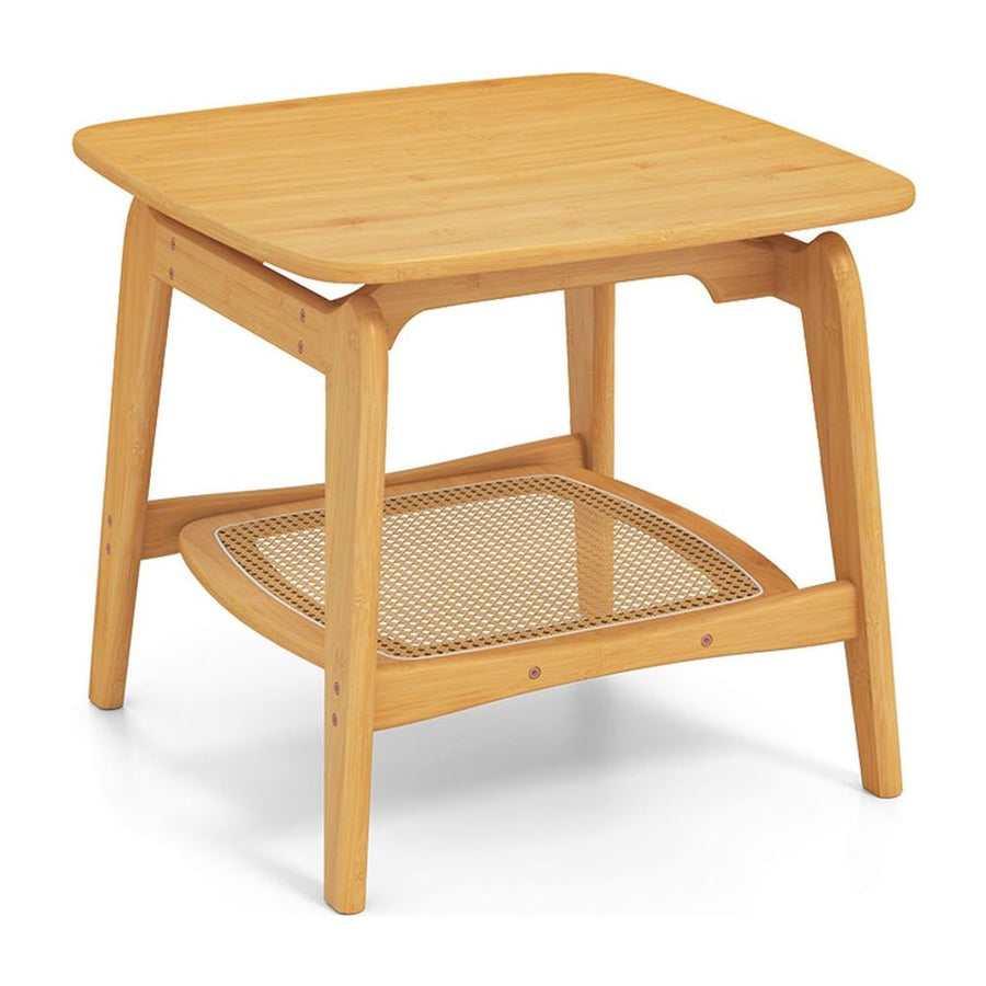 Bamboo Sofa Side Table with Faux Rattan Storage Shelf-Natural