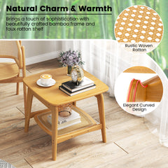 Bamboo Sofa Side Table with Faux Rattan Storage Shelf-Natural
