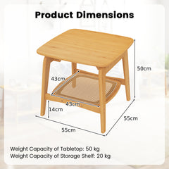 Bamboo Sofa Side Table with Faux Rattan Storage Shelf-Natural