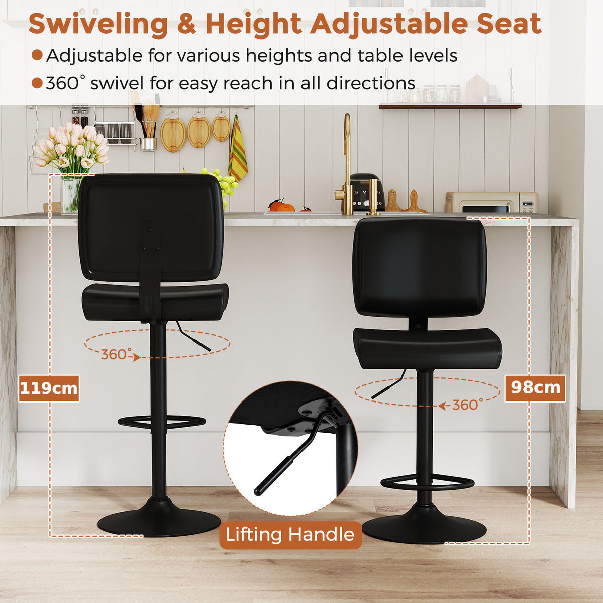 Bar Stools Set of 2 Modern Swivel Bar Chairs with Adjustable Height and PU Leather Padded Seat-Black