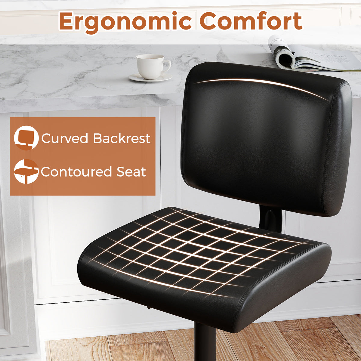 Bar Stools Set of 2 Modern Swivel Bar Chairs with Adjustable Height and PU Leather Padded Seat-Black