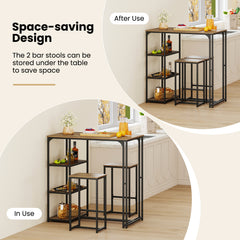 3-Piece Bar Table Set 2 Person Dining Furniture Set with 2 Stools-Brown