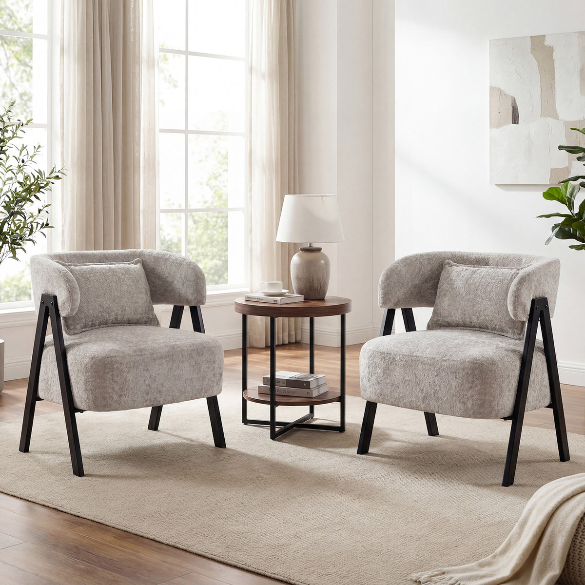 Barrel Accent Chair Upholstered Armchair with Lumbar Pillow-Grey