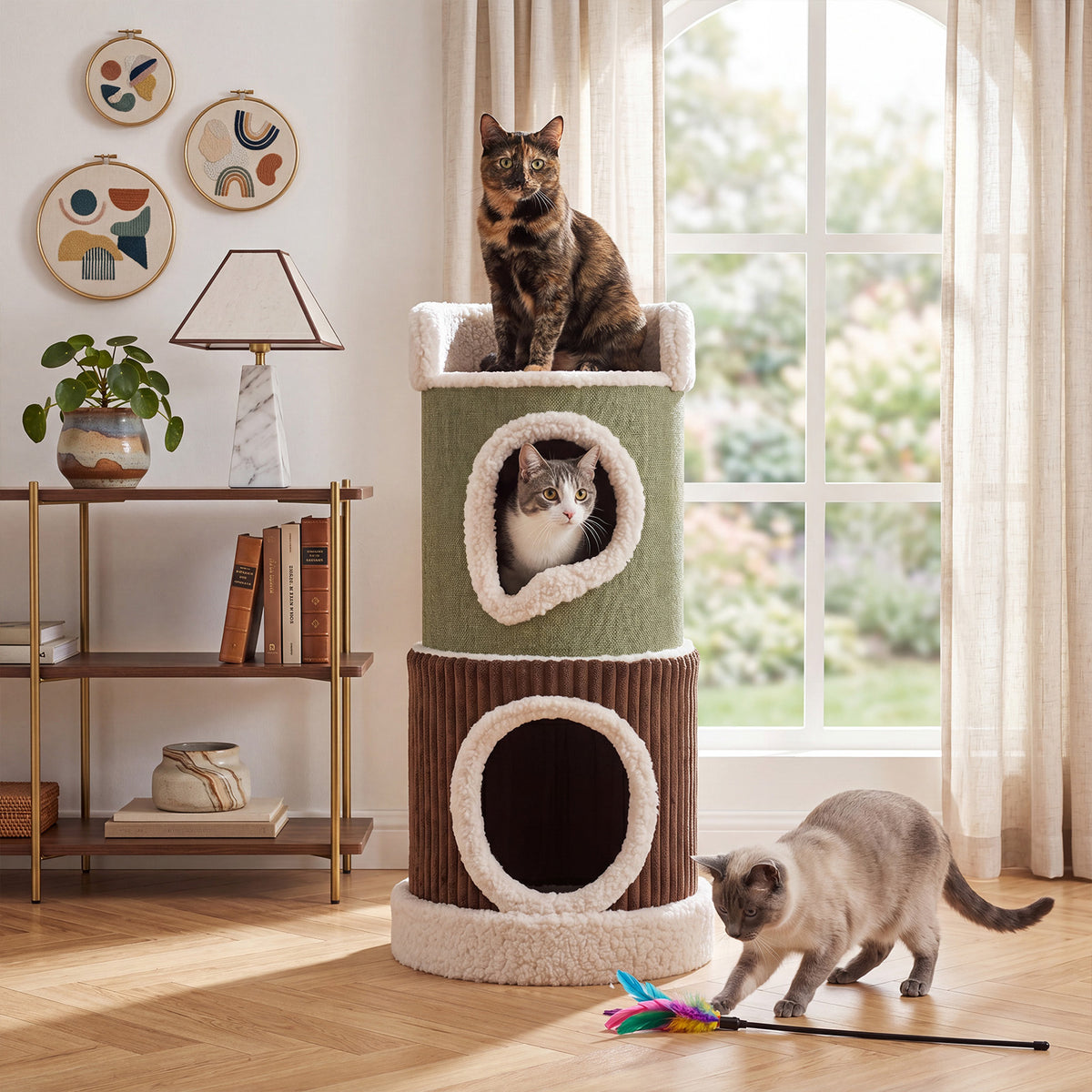 Barrel Cat House with Top Perch & Double Condos and Comfy Mats for Indoor-Green