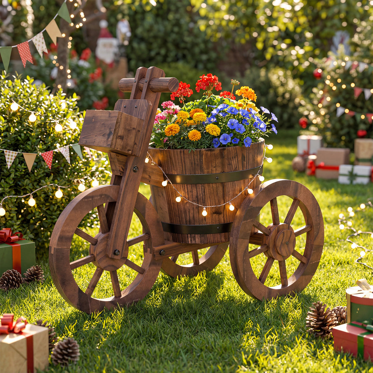 Barrel Tricycle Planter with Wheels and Drainage Hole for Flowers Herbs-Coffee