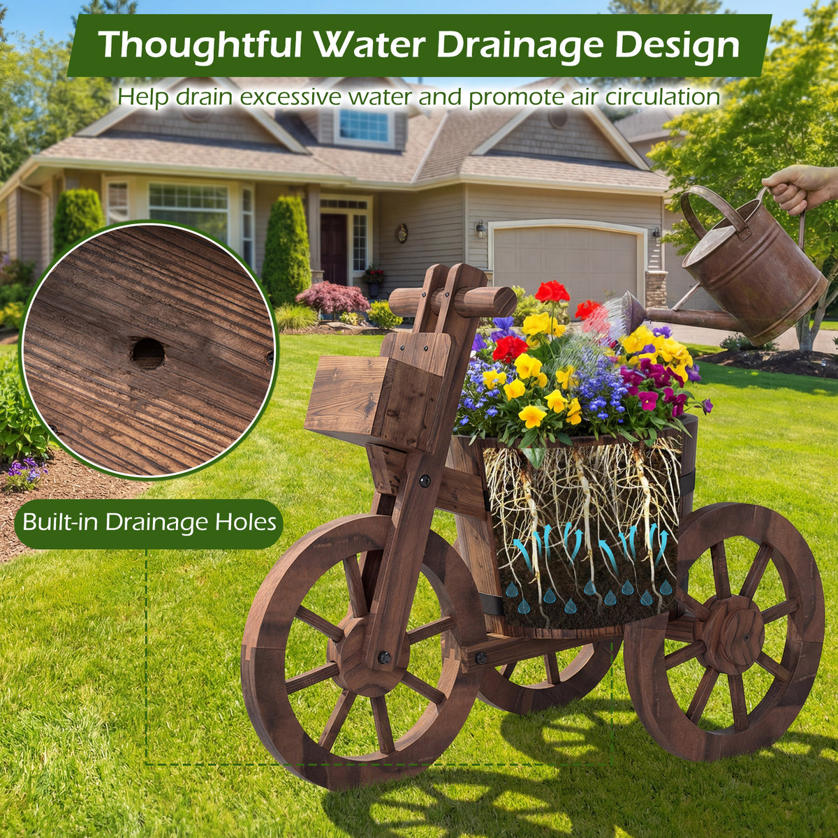 Barrel Tricycle Planter with Wheels and Drainage Hole for Flowers Herbs-Coffee