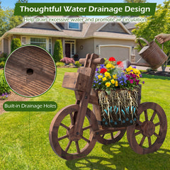 Barrel Tricycle Planter with Wheels and Drainage Hole for Flowers Herbs-Coffee