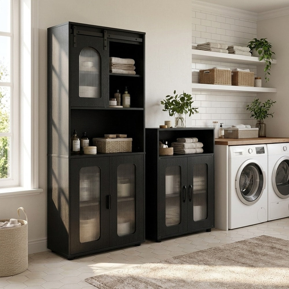 The floor cabinets placed in a laundry room next to a washing machine