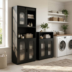 The floor cabinets placed in a laundry room next to a washing machine