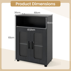 The short floor cabinet with labels indicating its various measurements