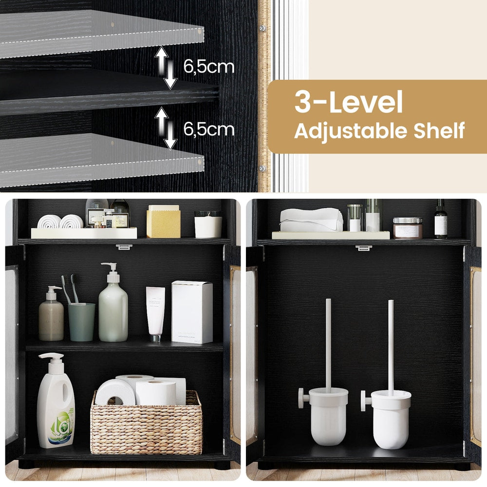 The floor cabinet interior demonstrating the adjustable shelf height levels