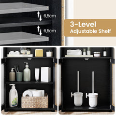 The floor cabinet interior demonstrating the adjustable shelf height levels