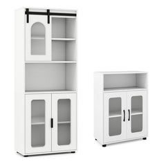 Tall white bathroom cabinet with glass doors and sliding barn door top