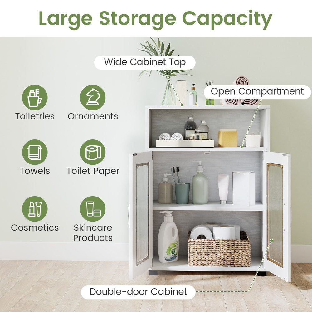 White floor cabinet filled with toiletries and towels