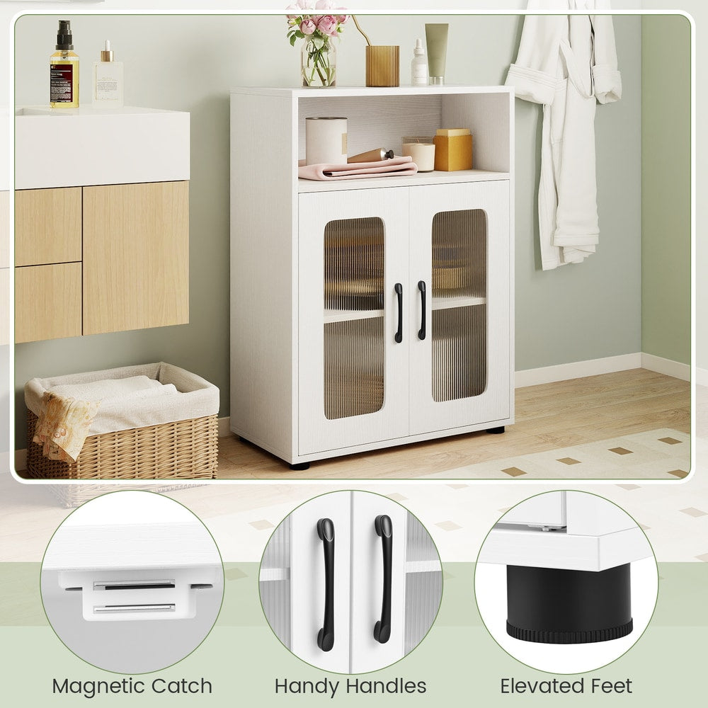 Close up of the white floor cabinet showing handles and feet