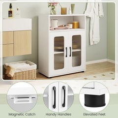 Close up of the white floor cabinet showing handles and feet