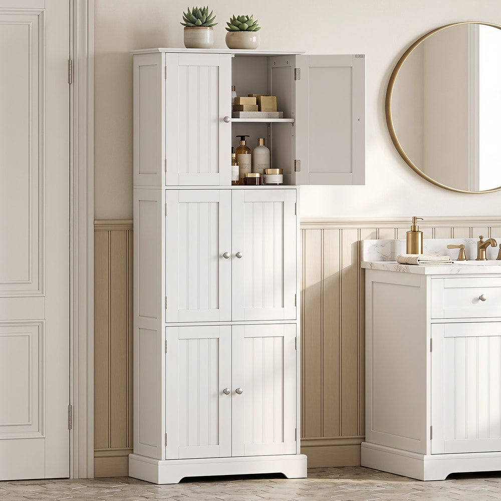 The floor cabinet standing in a bathroom with one top door open showing toiletries inside