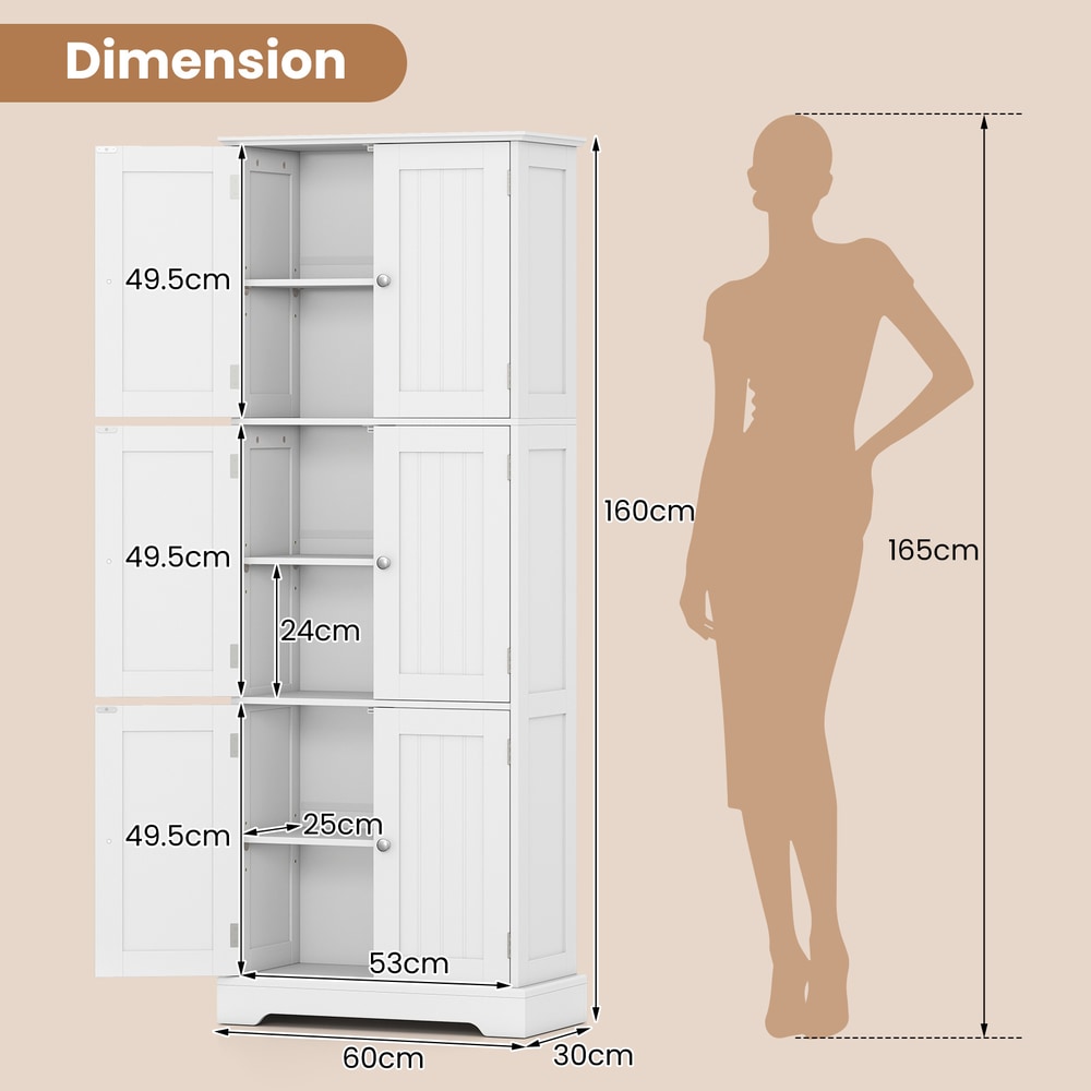 The floor cabinet shown with a human silhouette to illustrate the scale and dimensions