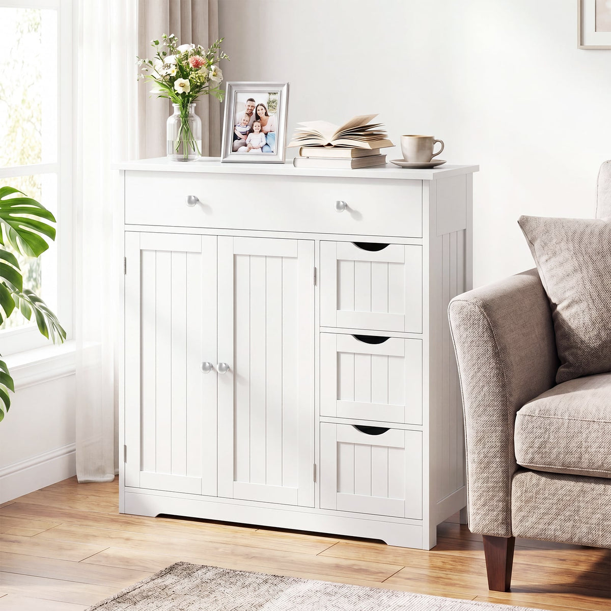 Bathroom Floor Cabinet and Large Storage Cabinet with 4 Drawers 2 Doors and Adjustable Shelf for Living Room-White