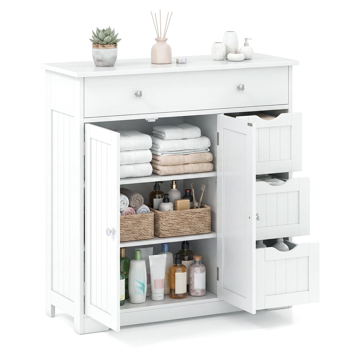 Bathroom Floor Cabinet and Large Storage Cabinet with 4 Drawers 2 Doors and Adjustable Shelf for Living Room-White