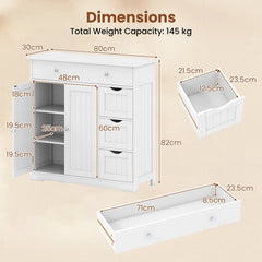 Bathroom Floor Cabinet and Large Storage Cabinet with 4 Drawers 2 Doors and Adjustable Shelf for Living Room-White
