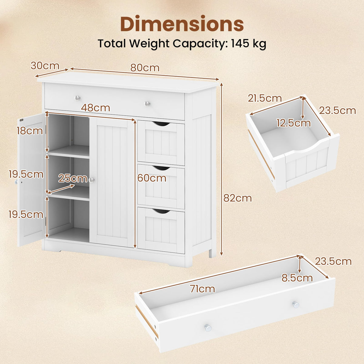 Bathroom Floor Cabinet and Large Storage Cabinet with 4 Drawers 2 Doors and Adjustable Shelf for Living Room-White