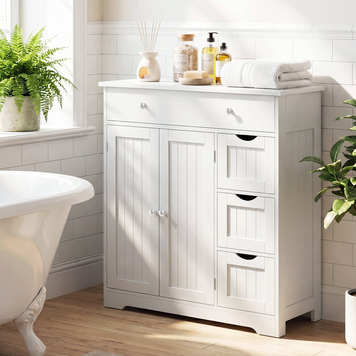 Bathroom Floor Cabinet and Large Storage Cabinet with 4 Drawers 2 Doors and Adjustable Shelf for Living Room-White