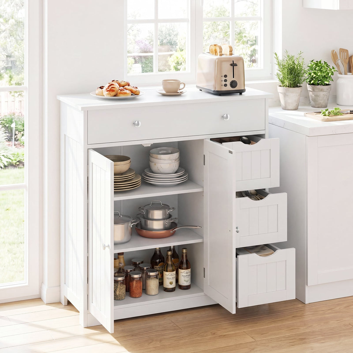 Bathroom Floor Cabinet and Large Storage Cabinet with 4 Drawers 2 Doors and Adjustable Shelf for Living Room-White
