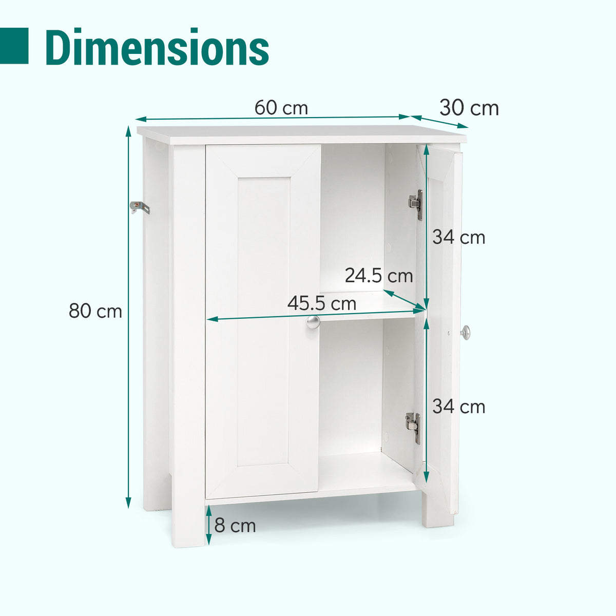 Dimensions diagram of the white wooden floor cabinet showing height, width and depth