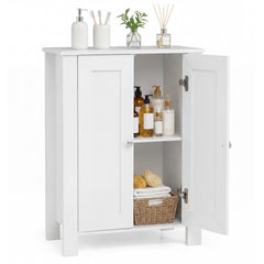 White storage cabinet with one door open, displaying toiletries and a basket on the shelf