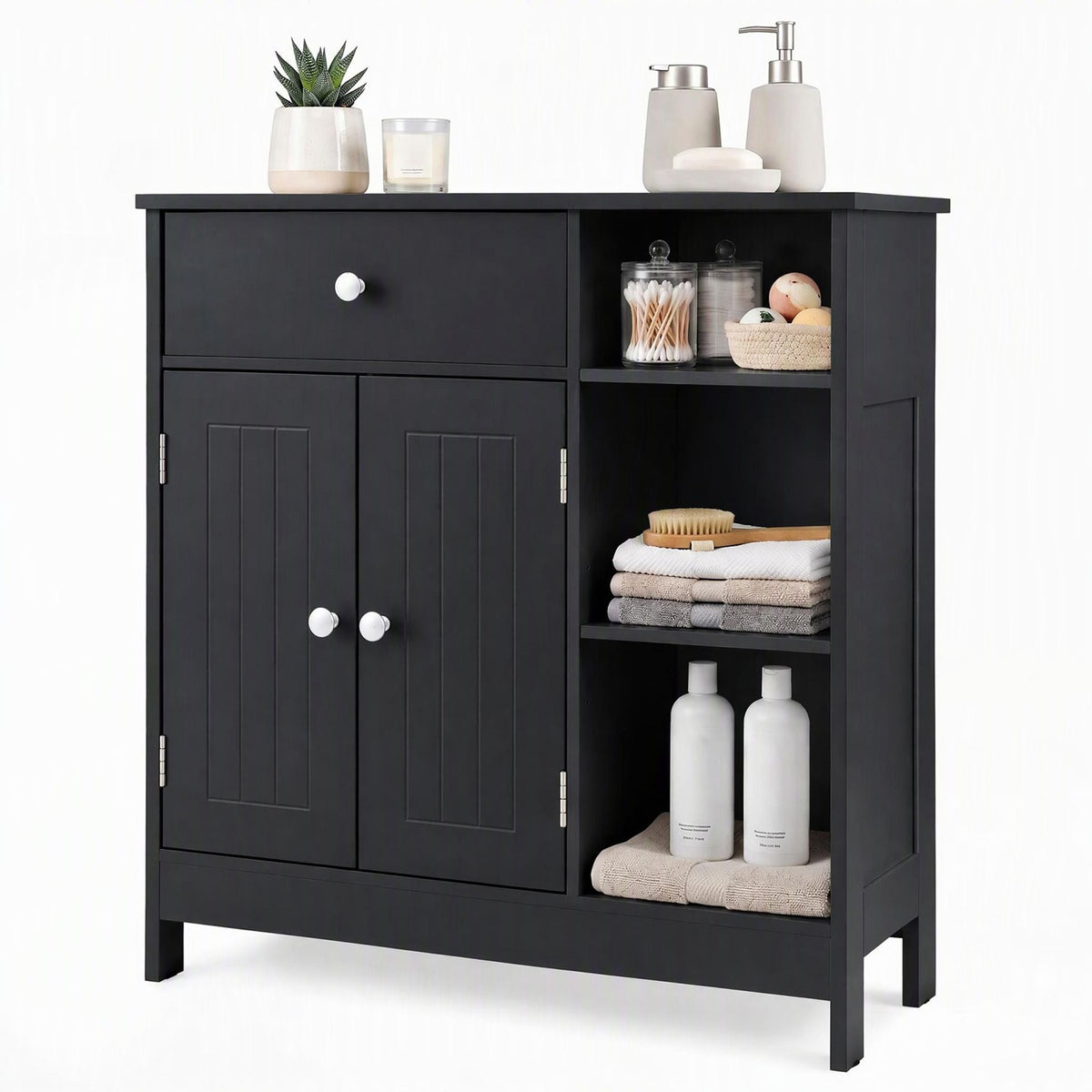 Bathroom Floor Storage Cabinet with Doors Drawer and Adjustable Shelves-Black