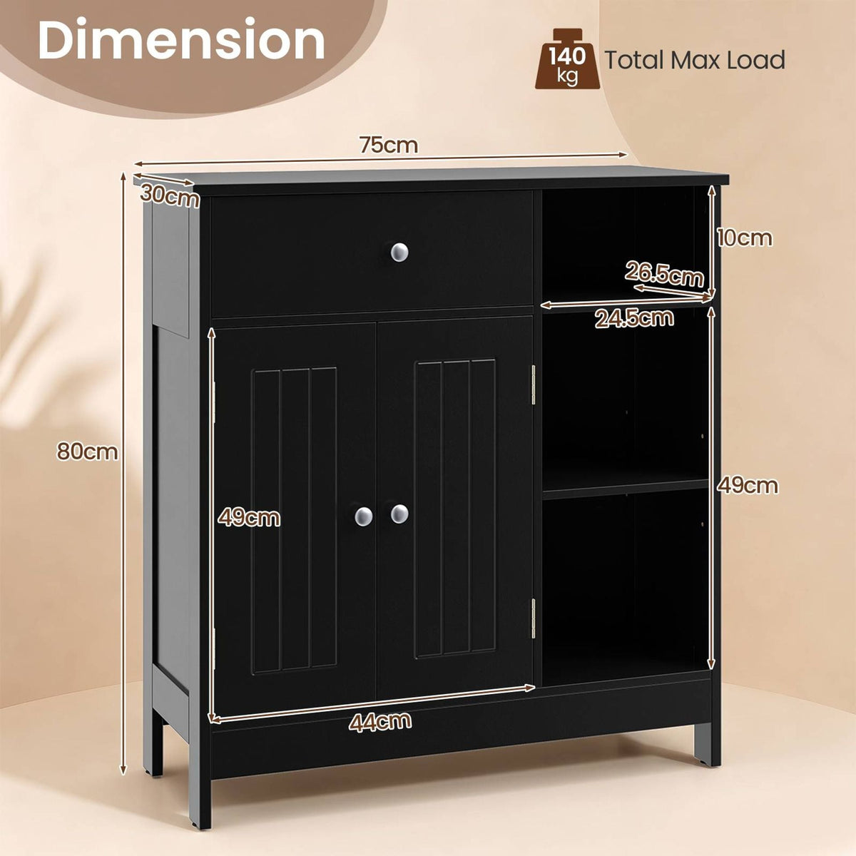 Bathroom Floor Storage Cabinet with Doors Drawer and Adjustable Shelves-Black