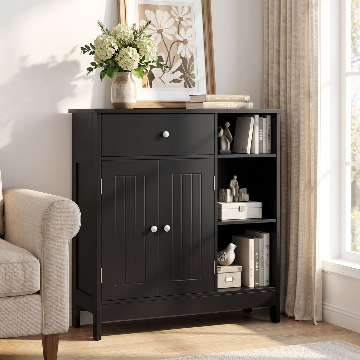 Bathroom Floor Storage Cabinet with Doors Drawer and Adjustable Shelves-Black