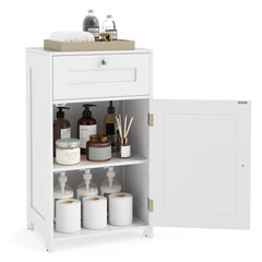 The floor cabinet filled with various bathroom supplies and toilet paper rolls